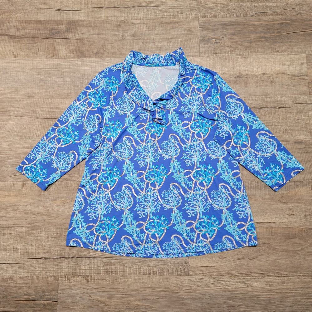 Resort Nylon‎ Knit Ruffle V Neck Stretch Top Womens Size XL Coral Nautical Print